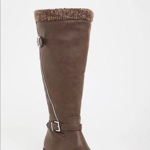 Brown Knit Trimmed Knee Boots